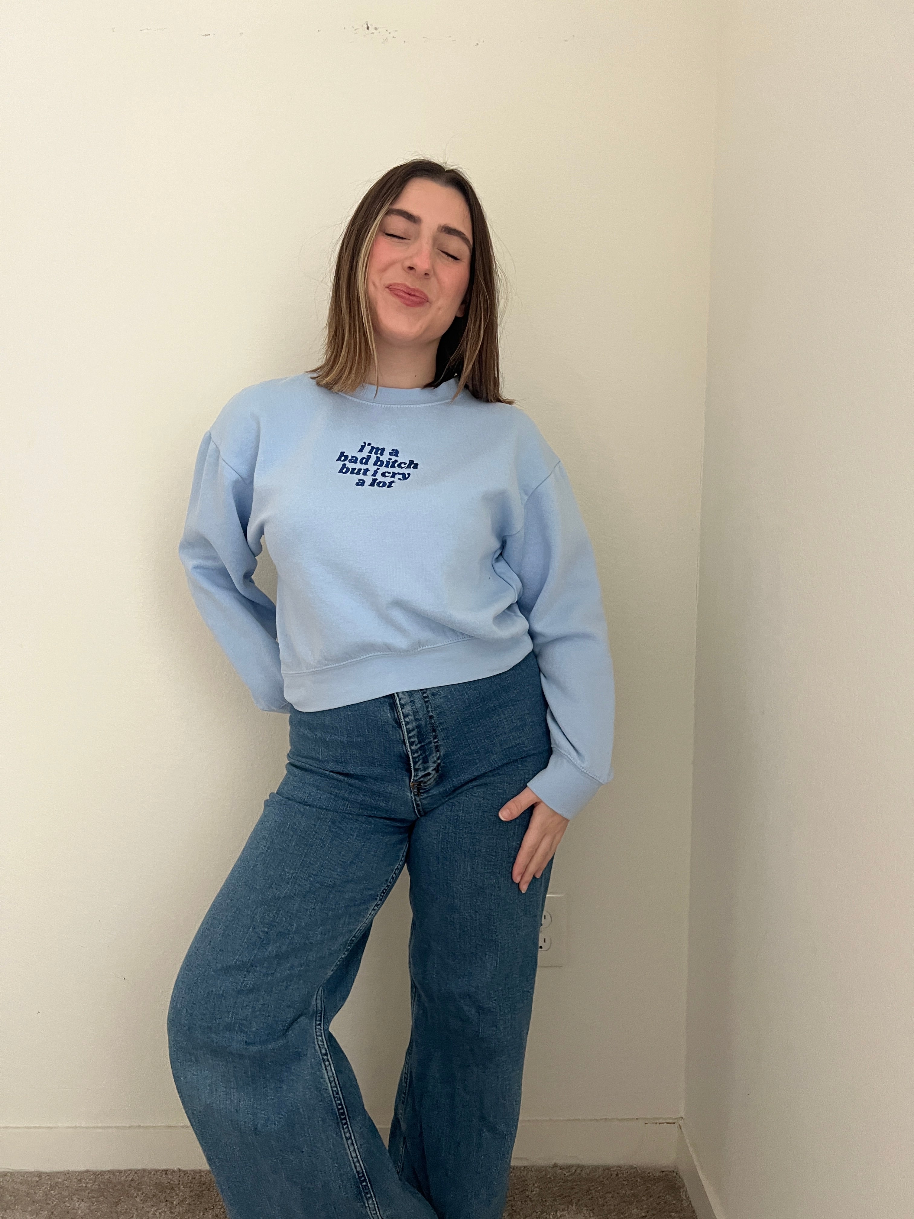 'bad b*tch but I cry a lot' Crewneck in Blueberry (S)