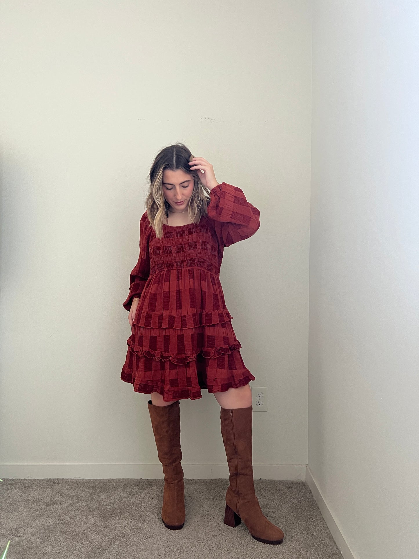 Brick Red Long Sleeve Dress (1X)