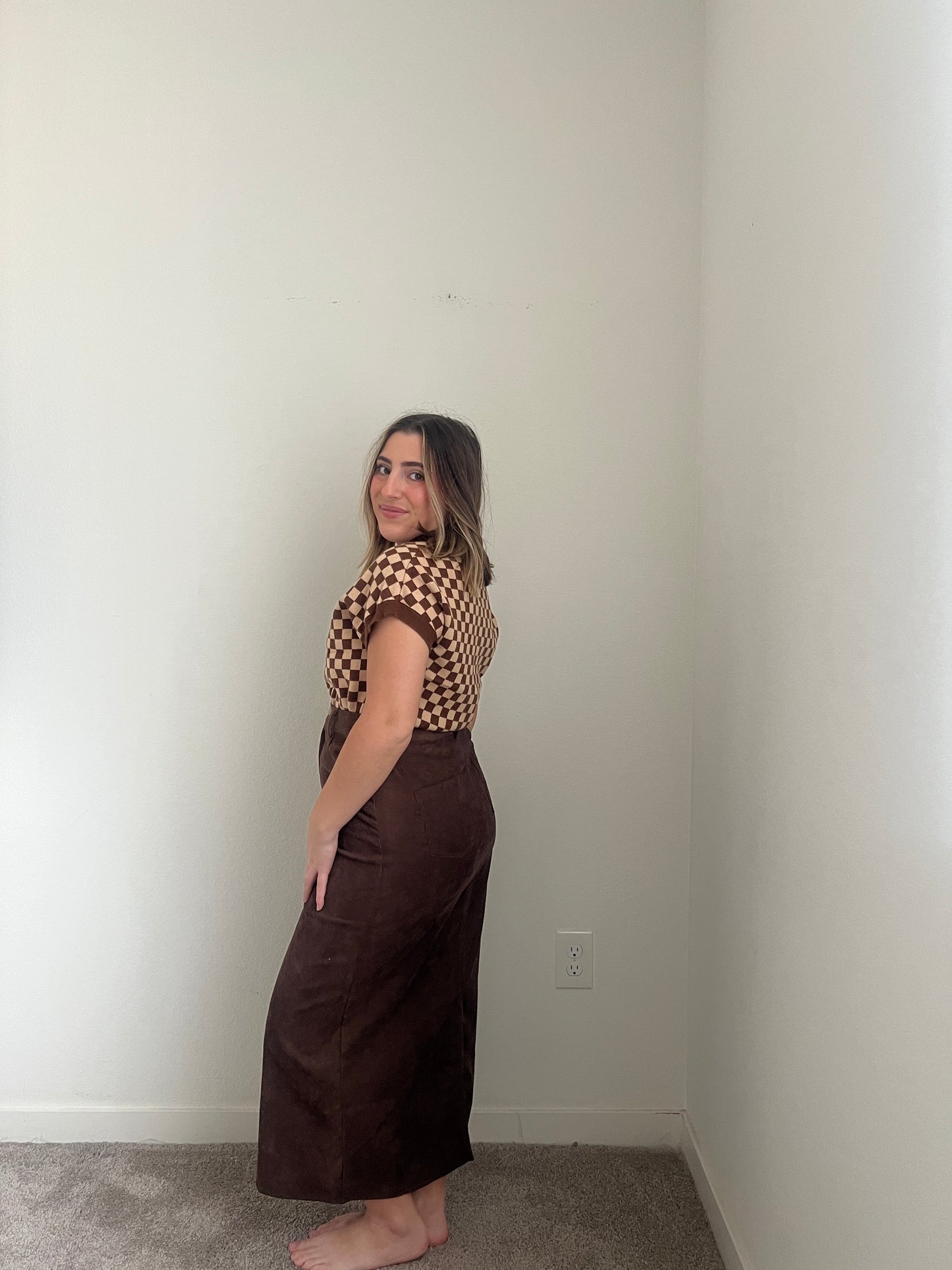 Brown Micro-Cord Midi Skirt (M)