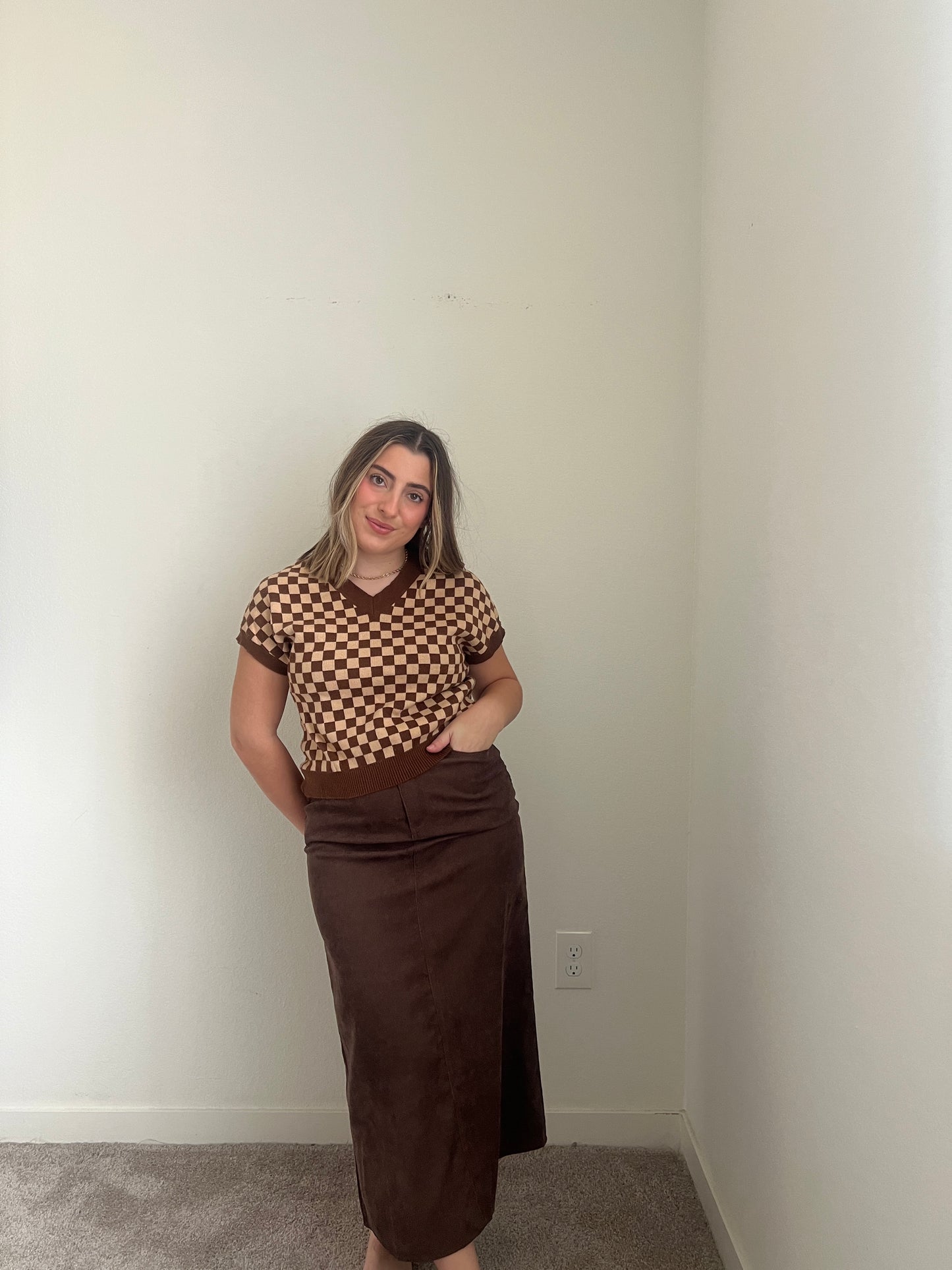 Brown Micro-Cord Midi Skirt (M)