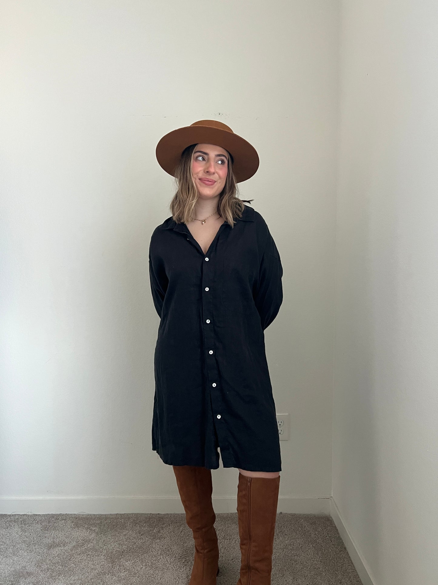 Black Button Up Linen Dress (XL)