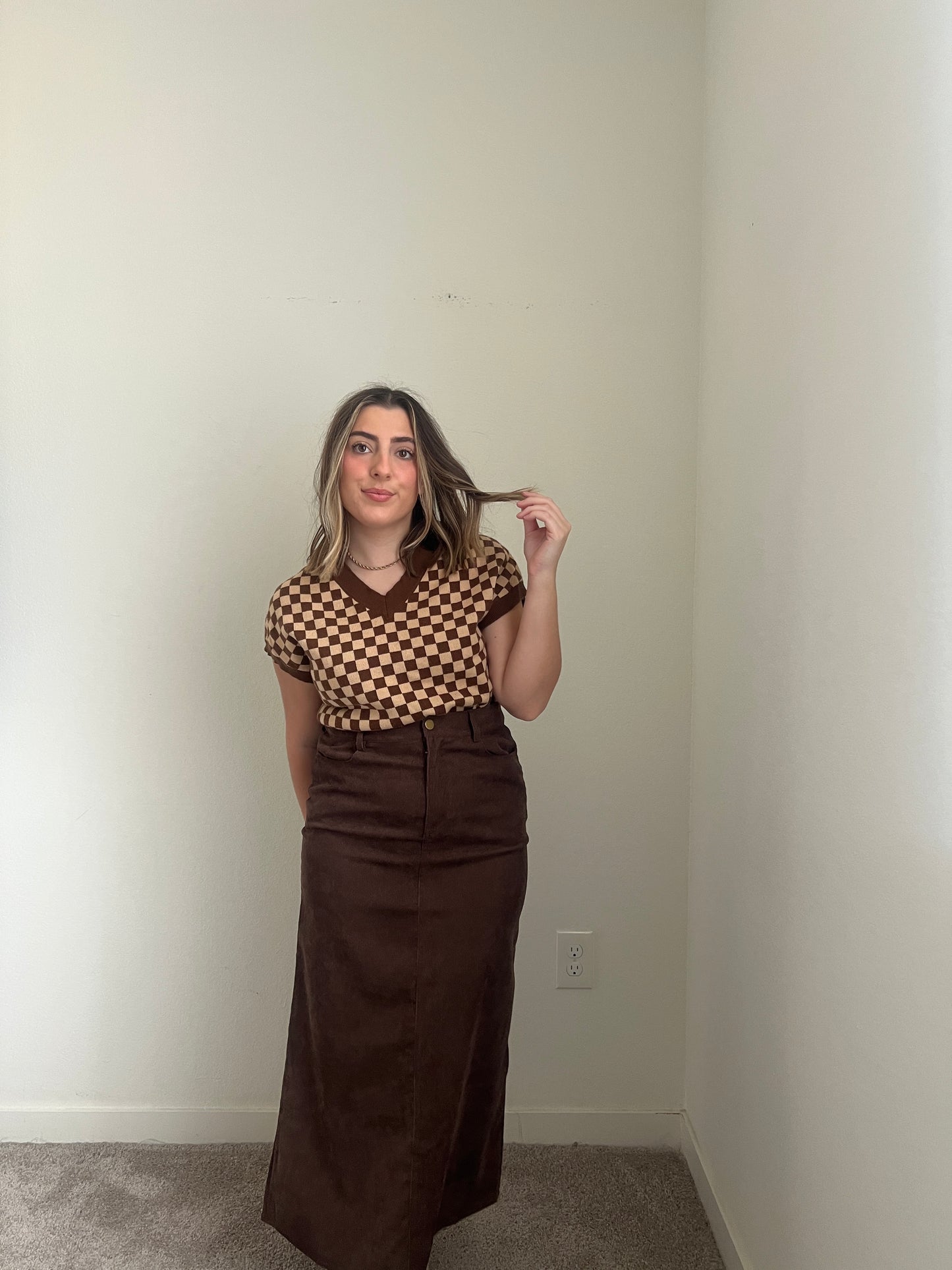 Brown Micro-Cord Midi Skirt (M)