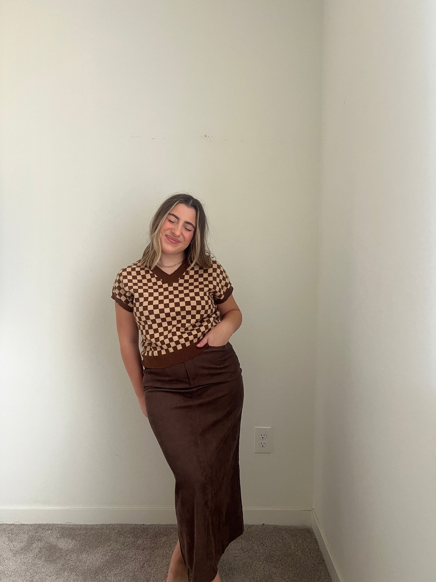 Brown Micro-Cord Midi Skirt (M)