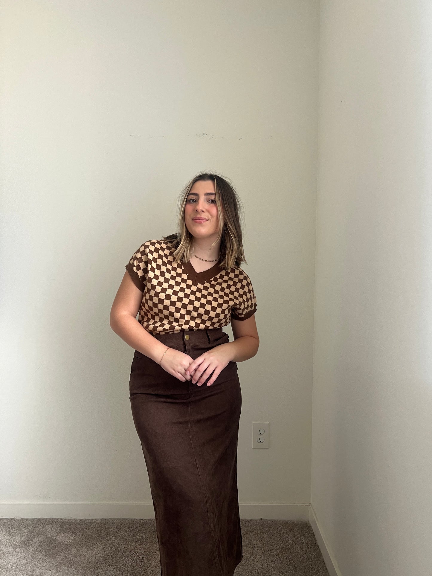 Brown Micro-Cord Midi Skirt (M)