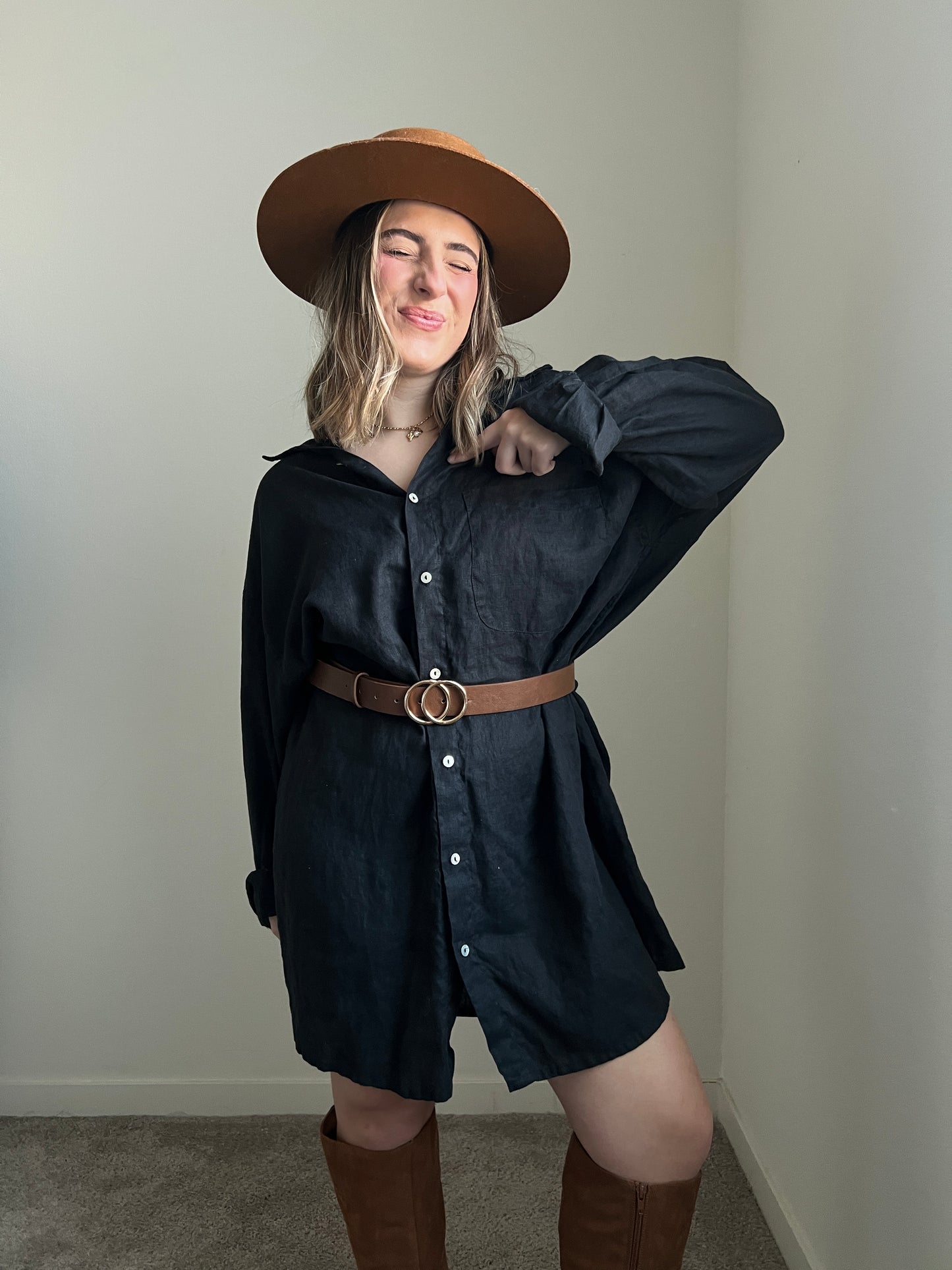 Black Button Up Linen Dress (XL)