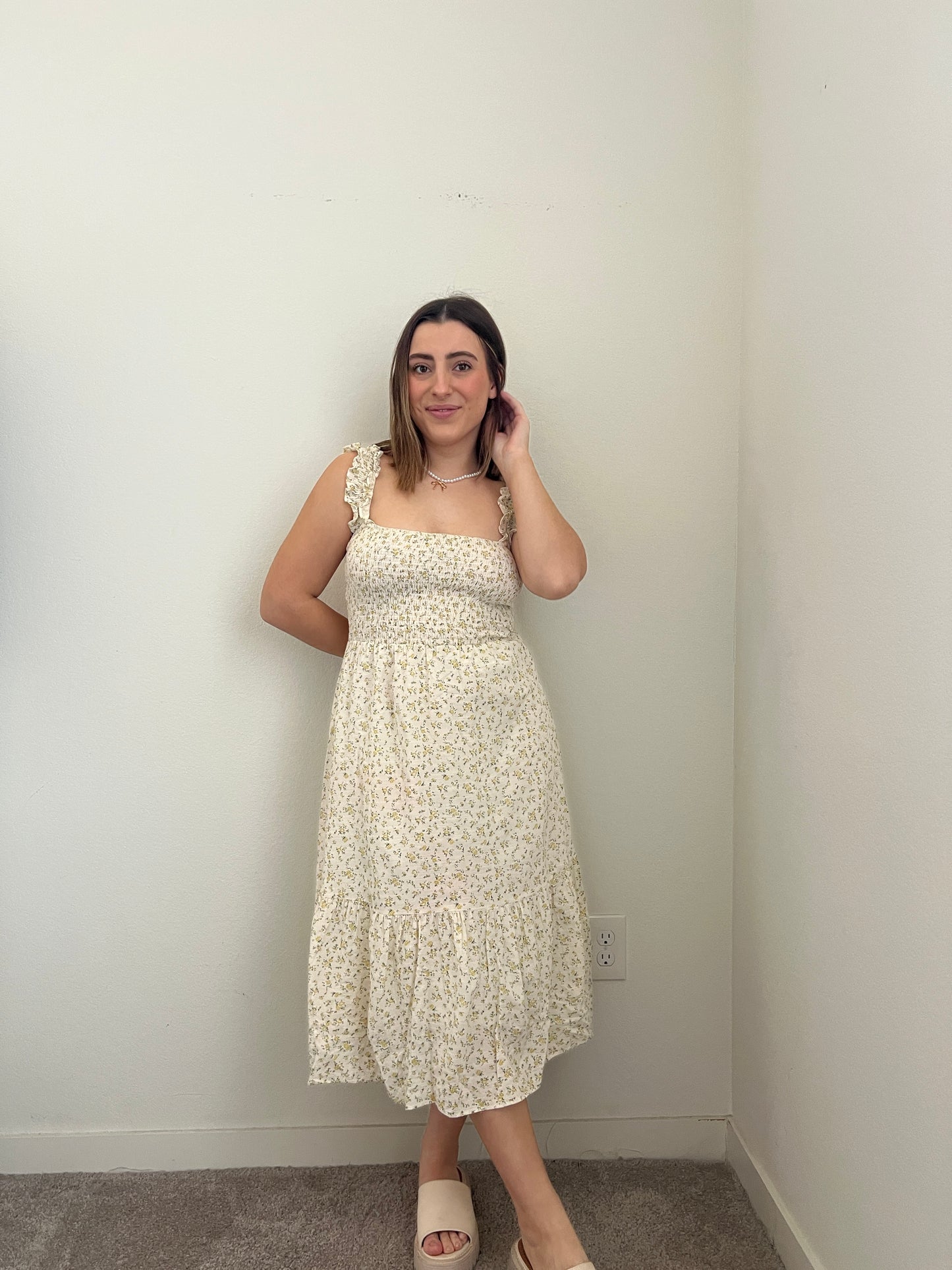 Smocked Floral Midi Dress (S)