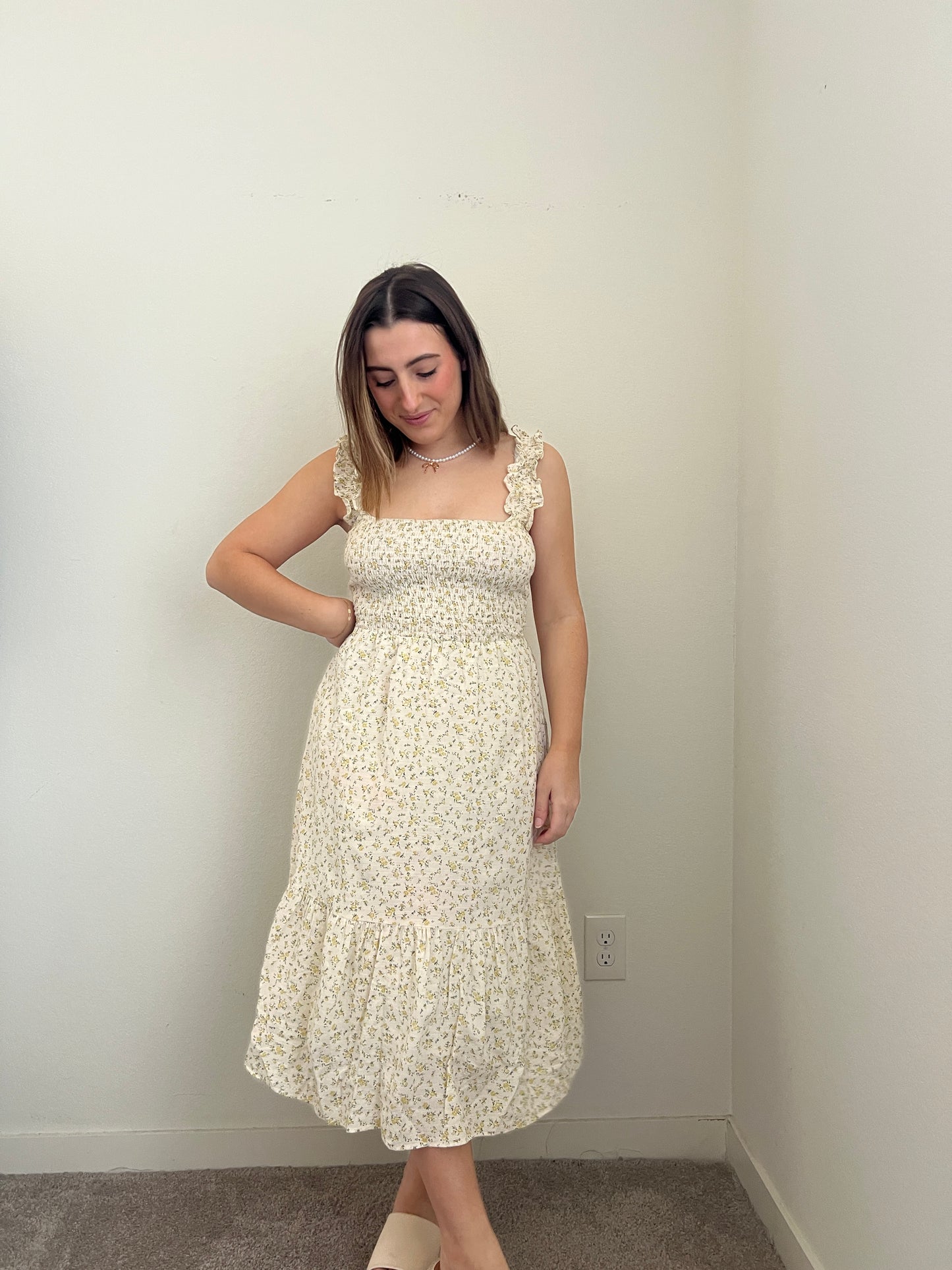 Smocked Floral Midi Dress (S)