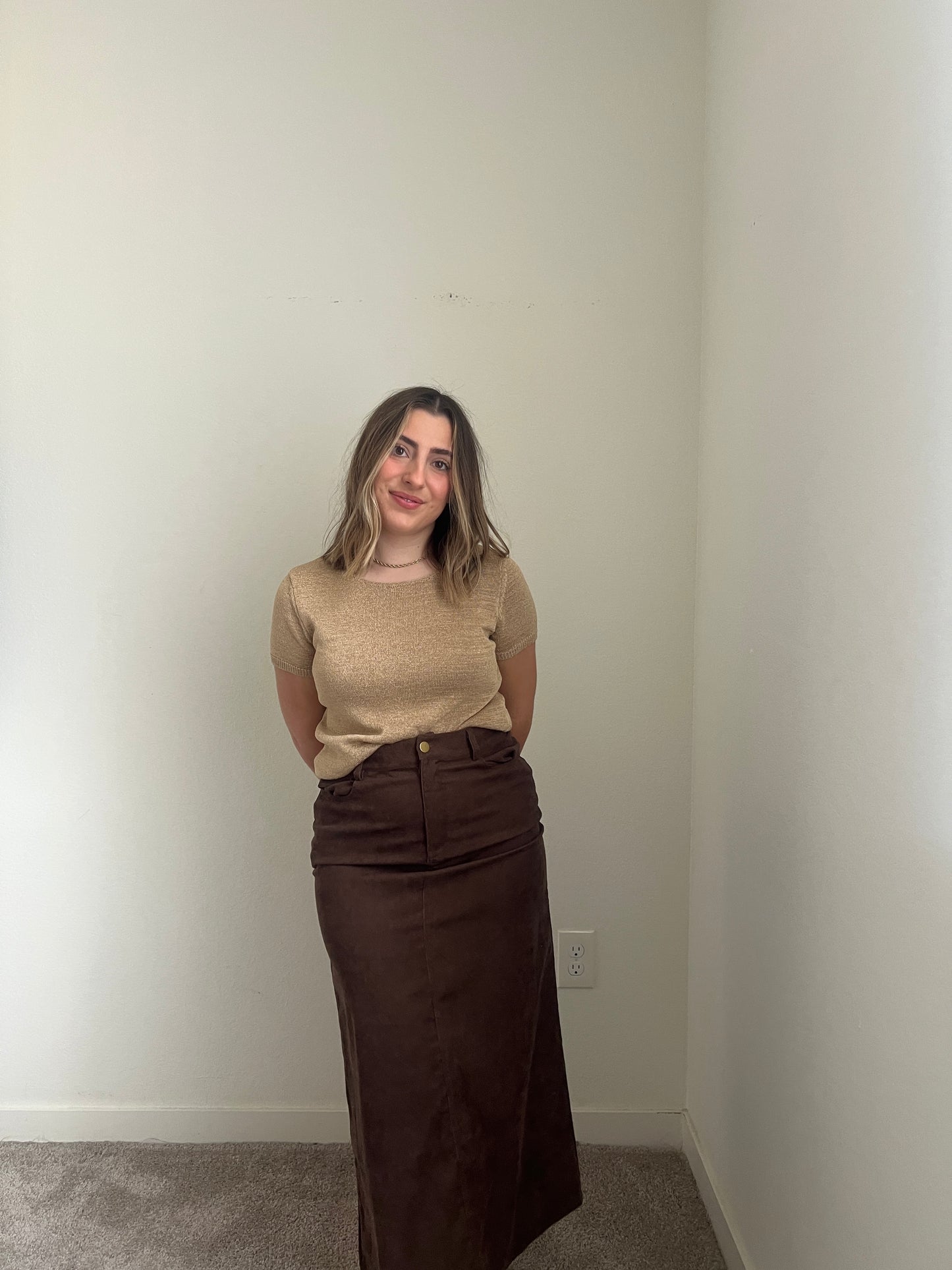 Brown Micro-Cord Midi Skirt (M)