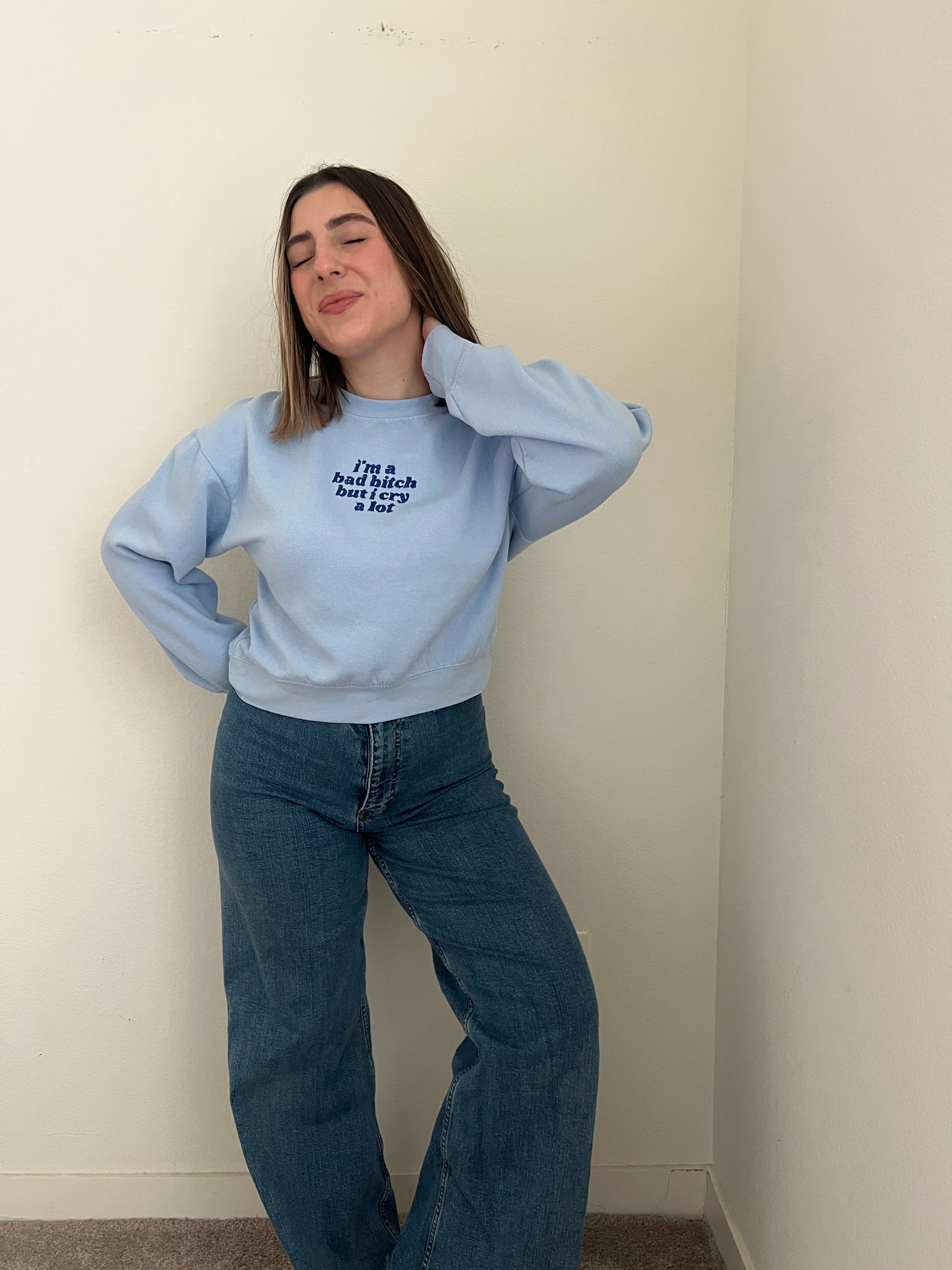 'bad b*tch but I cry a lot' Crewneck in Blueberry (S)